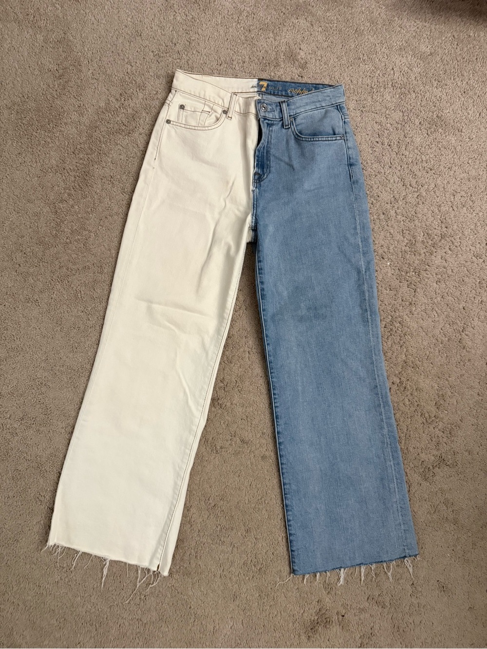 7 For All Mankind Two-Tone Half & Half Straight Jeans - Cream and Blue
